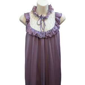 Vintage 70's Purple Nightgown, Long Purple Nightgown with Lace Bib & Frills